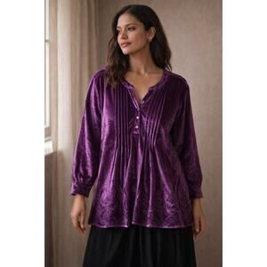 Salon Studio Purple Velvet Embroidered Babydoll Top 2X Cottagecore Glam
